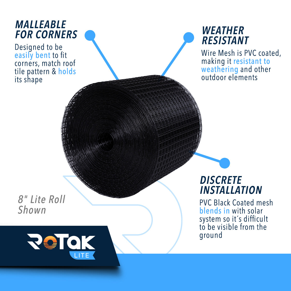 ROTAK Critter Guard LITE | 8in x 100ft Solar Panel Bird Prevention Roll Kit with 100 Fastener Clips | Galvanized Black PVC Coated ½ inch Wire Roll Mesh (8" LITE + 100 Clips)