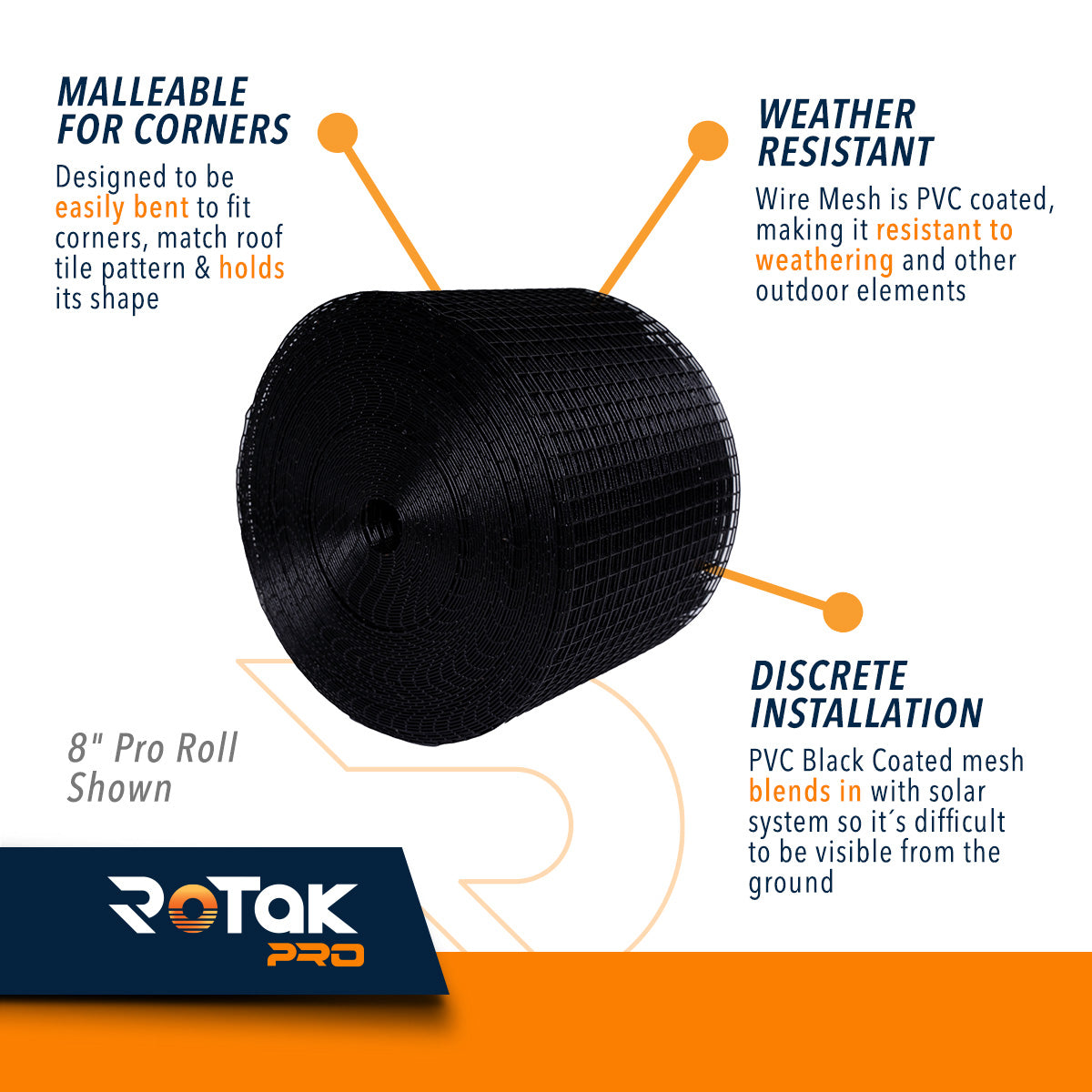 ROTAK Critter Guard PRO | 8in x 100ft Solar Panel Bird Prevention Roll Kit with 100 Fastener Clips | Galvanized Black PVC Coated ½ inch Wire Roll Mesh (8" PRO + 100 Clips)
