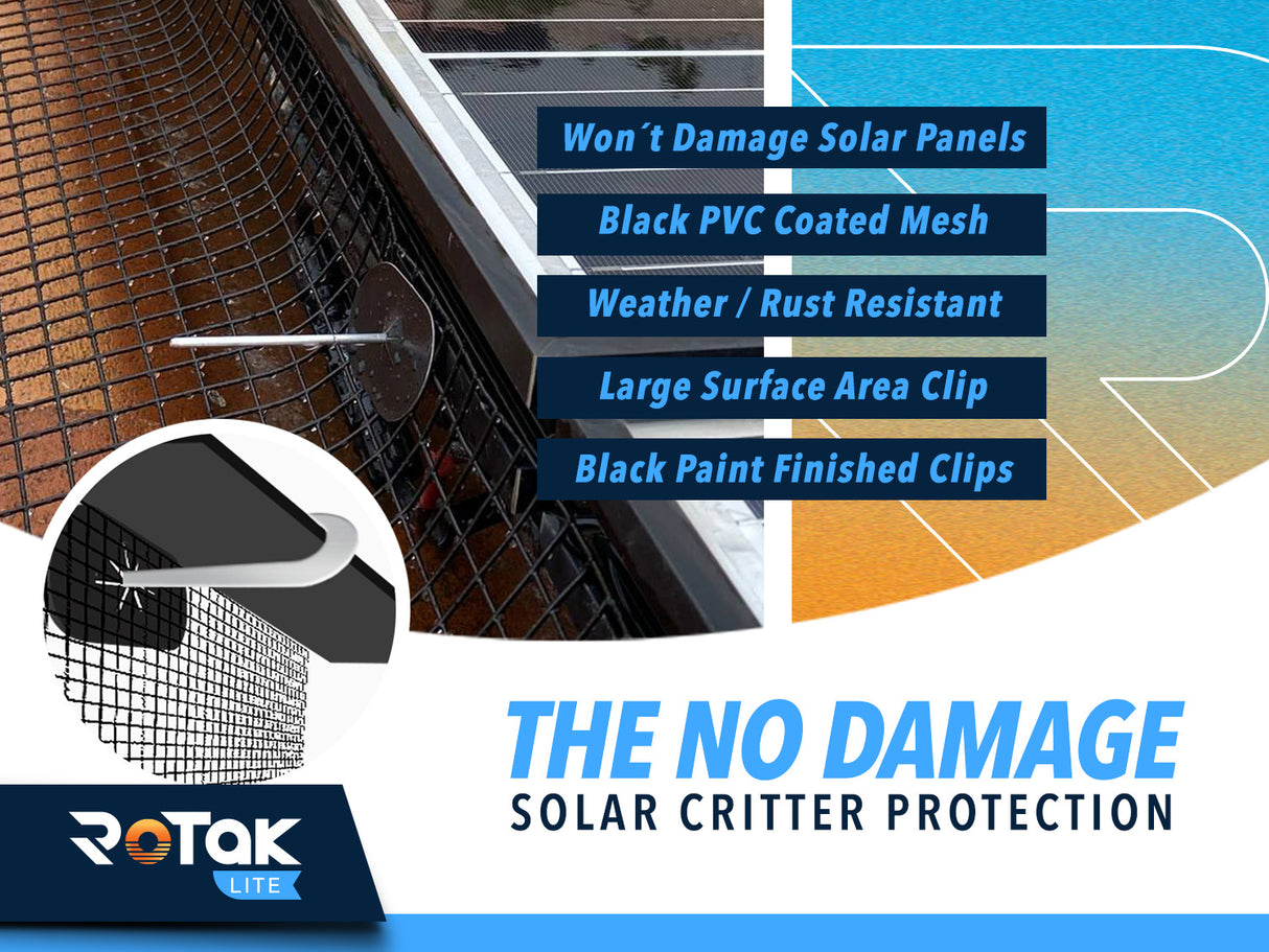 ROTAK Critter Guard LITE | 4in x 100ft Solar Panel Bird Prevention Roll Kit with 60 Fastener Clips | Galvanized Black PVC Coated ½ inch Wire Roll Mesh (4" LITE + 60 Clips)