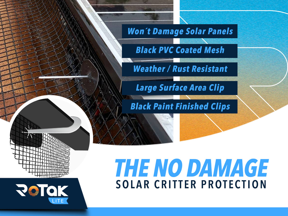 ROTAK Critter Guard LITE | 8in x 100ft Solar Panel Bird Prevention Roll Kit with 100 Fastener Clips | Galvanized Black PVC Coated ½ inch Wire Roll Mesh (8" LITE + 100 Clips)