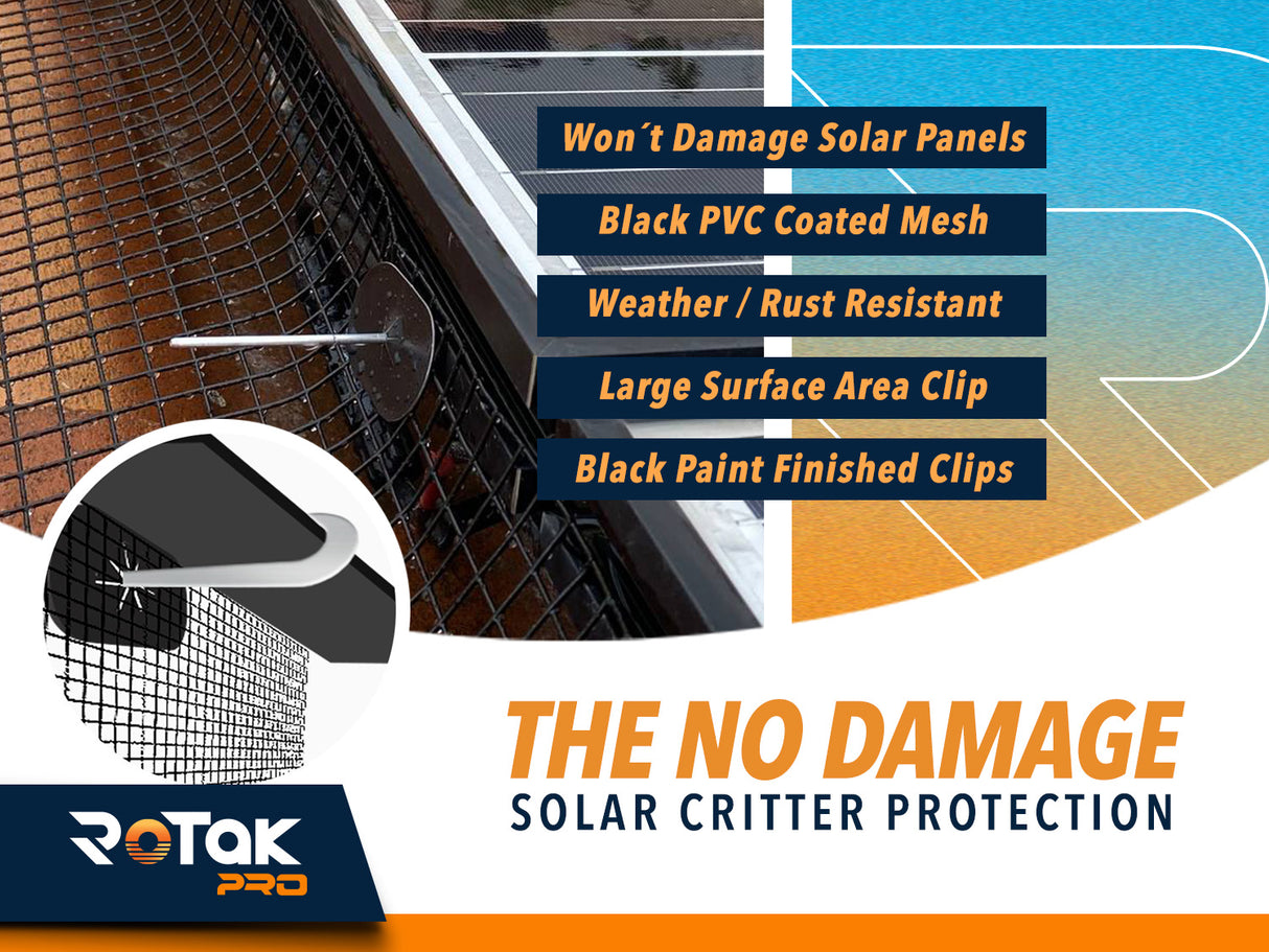ROTAK Critter Guard PRO | 4in x 100ft Solar Panel Bird Prevention Roll Kit with 60 Fastener Clips | Galvanized Black PVC Coated ½ inch Wire Roll Mesh (4" PRO + 60 Clips)